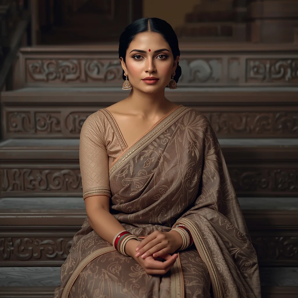 Elegant Indian Woman Seated in Cultural Dress | Professional Photo Prompt