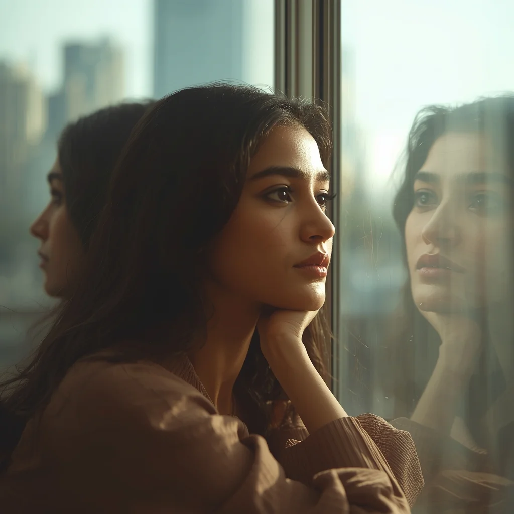 Window Reflection Contemplative Pose | Ready To Use Ai Prompt