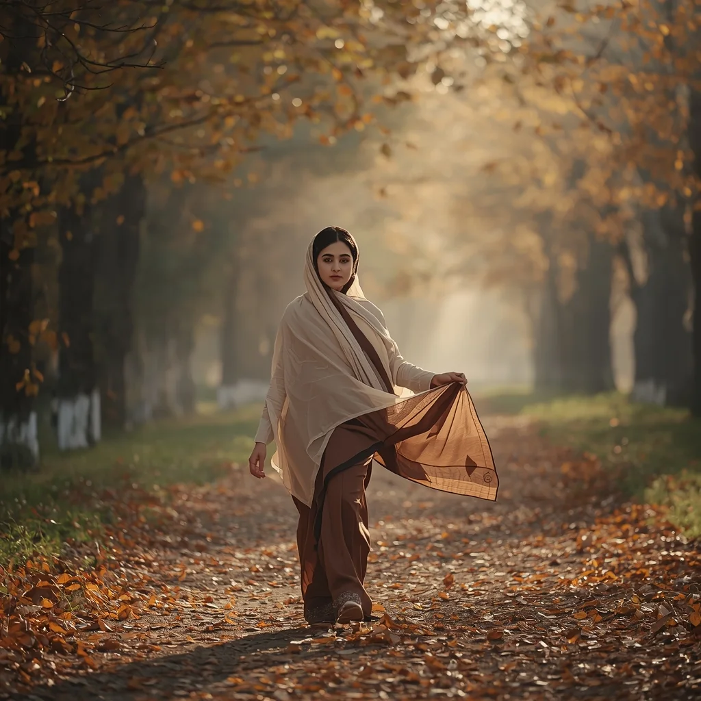 Young Kashmiri Woman Walking in Autumn Pheran | Advanced Ai Prompt Idea